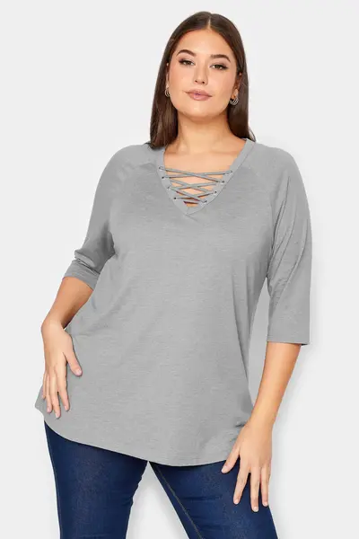 Image of Yours Lace Up Eyelet Top Light Grey