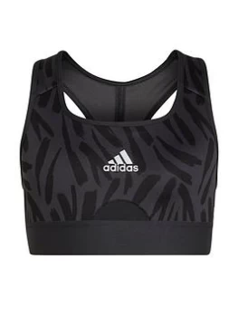 Image of adidas Older Girls Aeroready Printed Sports Bra - Grey/Black, Grey/Black, Size 13-14 Years, Women