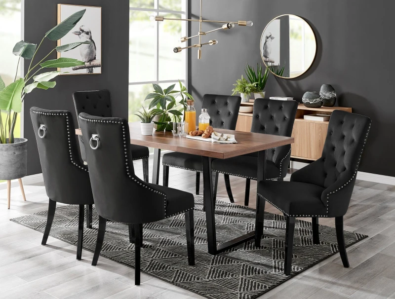 Image of FurnitureboxUK FurnitureboxUK Kylo Large Brown Wood Effect Dining Table & 6 Belgravia Black Leg Velvet Chairs Black One Size Unisex 5056657117825