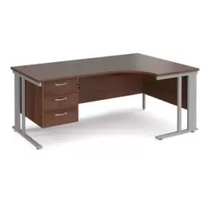 Image of Office Desk Right Hand Corner Desk 1800mm With Pedestal Walnut Top With Silver Frame 1200mm Depth Maestro 25 MCM18ERP3SW