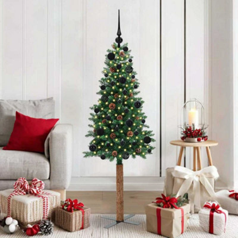 Image of vidaXL Slim Christmas Tree with Black Balls Green 150cm PVC and Solid Pine wood, Green 3394852