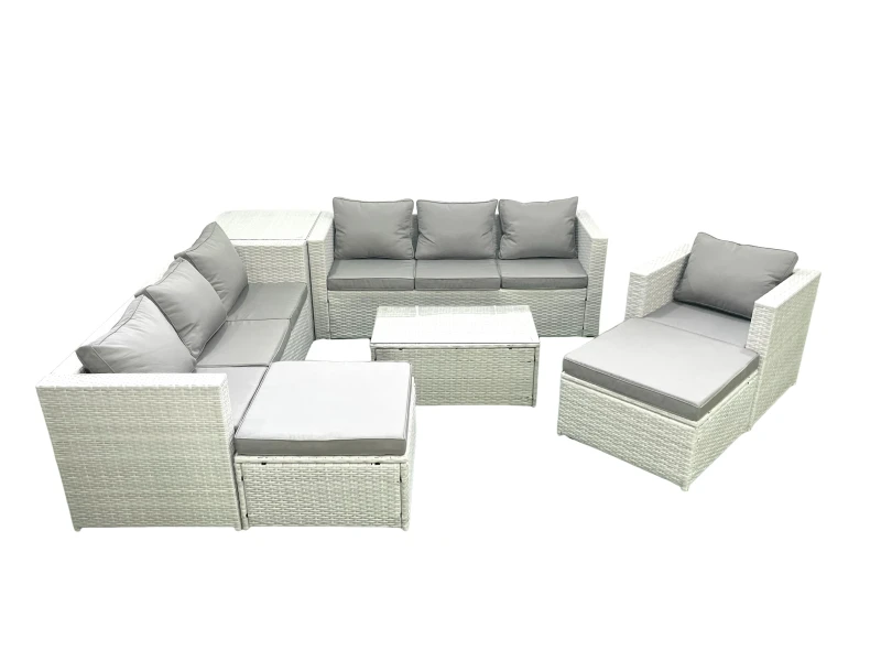 Image of Fimous Wicker PE Rattan Sofa Garden Furniture Set with Armchair Oblong Coffee Table 2 Big Footstools Side Table Light Grey Mixed Light Grey