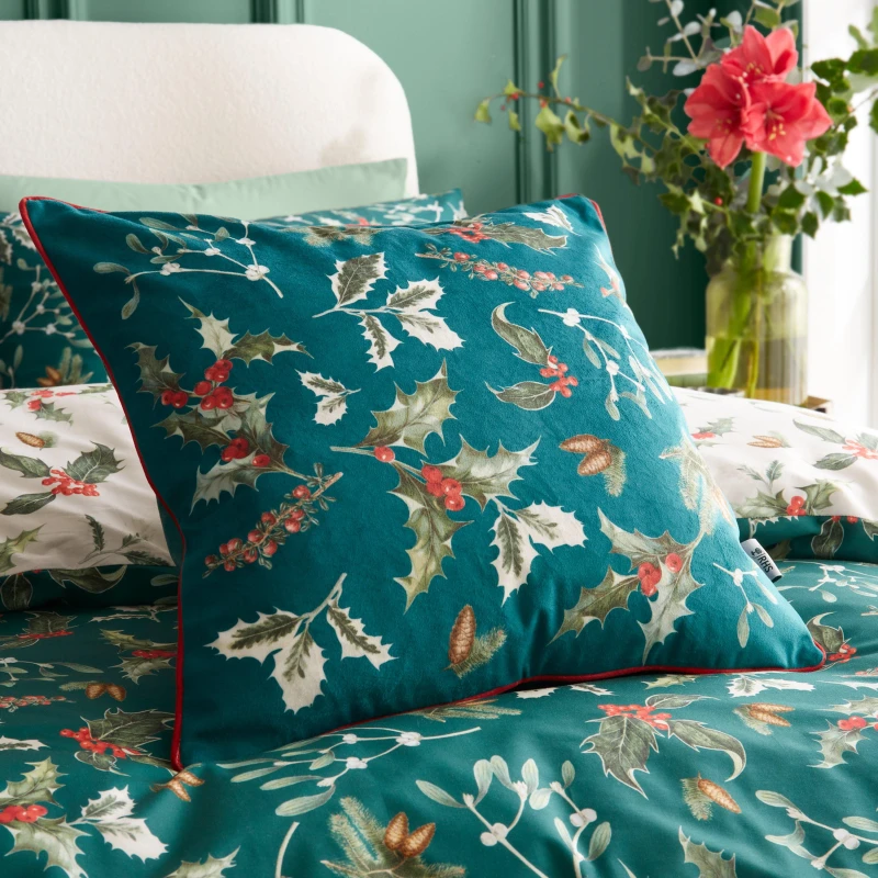 Image of Royal Horticultural Society Winter Foliage 50cm x 50cm Feather Filled Cushion Green