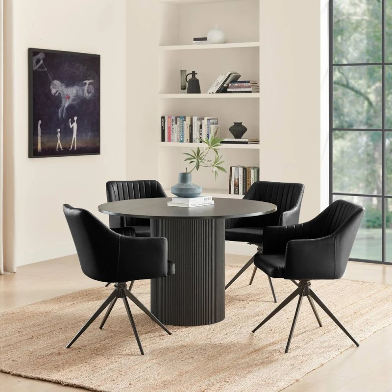 Image of FurnitureboxUK FurnitureboxUK Penrose Black Round Dining Table & 4 Calla Faux Leather Swivel Chairs Black One Size Unisex 5056784315910