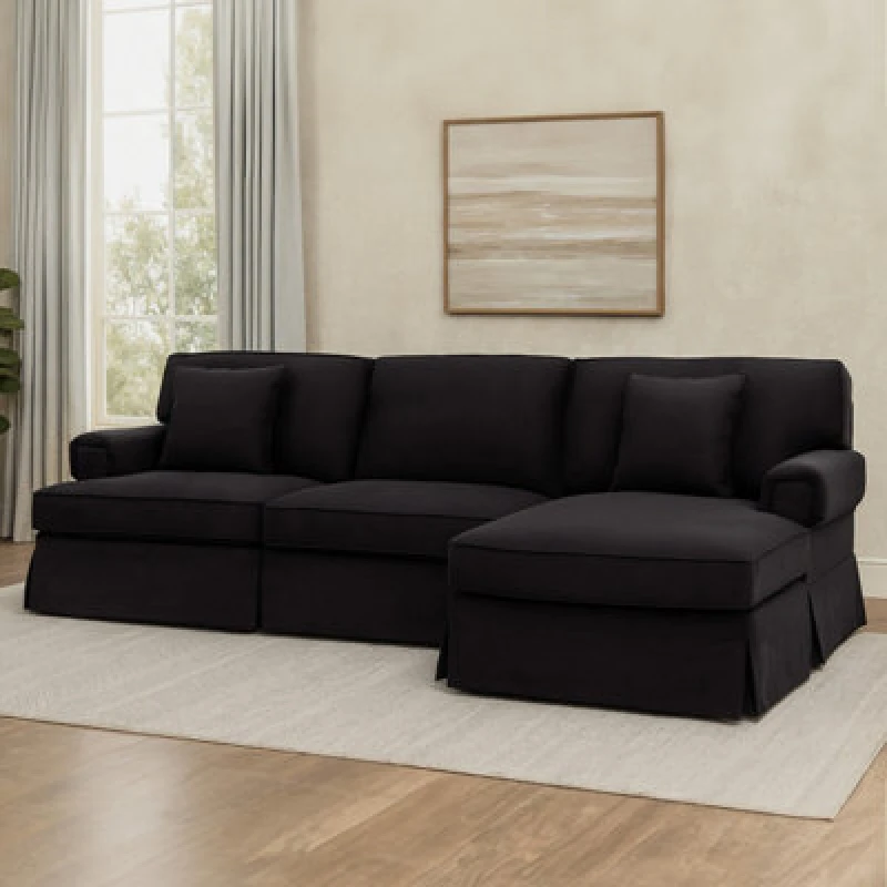 Image of Orsina Three Seat Black Velvet Chaise Sofa, Black Velvet Upholstery With Wooden Base, Padded Key Style Arms