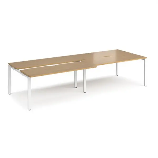 Image of Adapt Bench Desk 4 Person Rectangular Desks 3200mm With Sliding Tops Oak Tops With White Frames 1200mm Depth Adapt Oak STE3212-WH-O