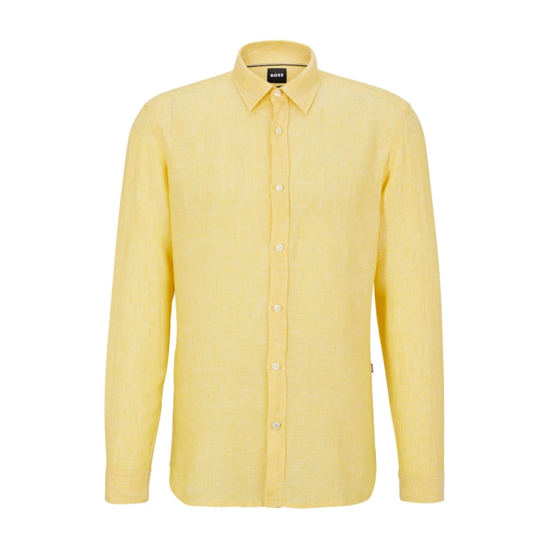 Image of Boss Mens Liam Long Sleeve Plain Shirt Bright Yellow male 2XL