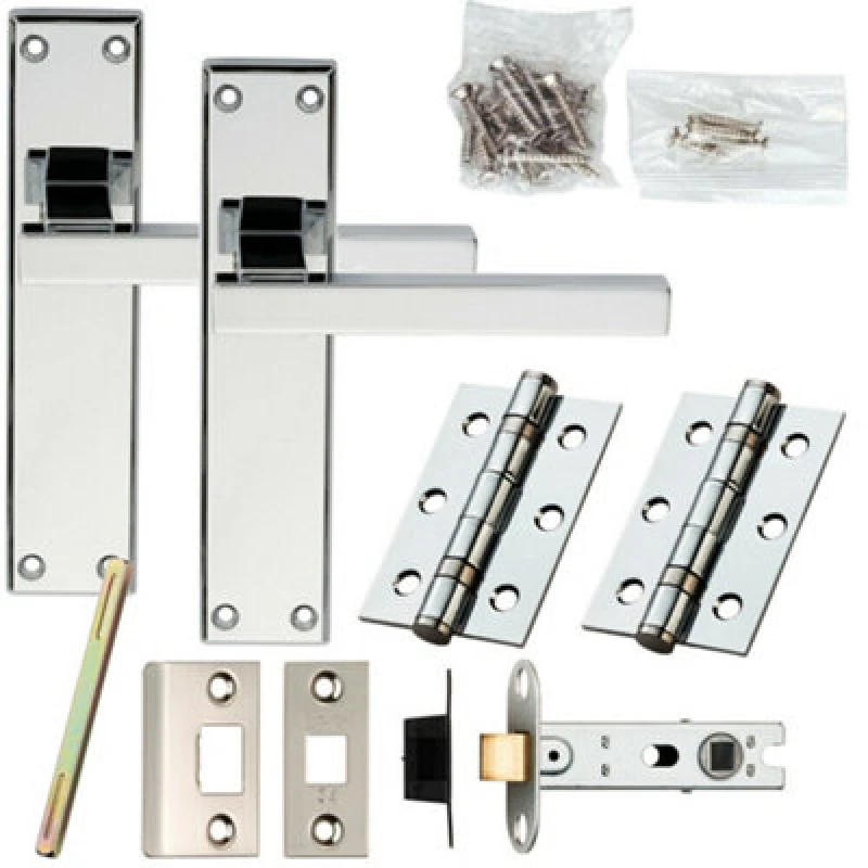 Image of Loops Door Handle & Latch Pack Chrome Straight Rounded Bar on Screwless Round Rose Multi