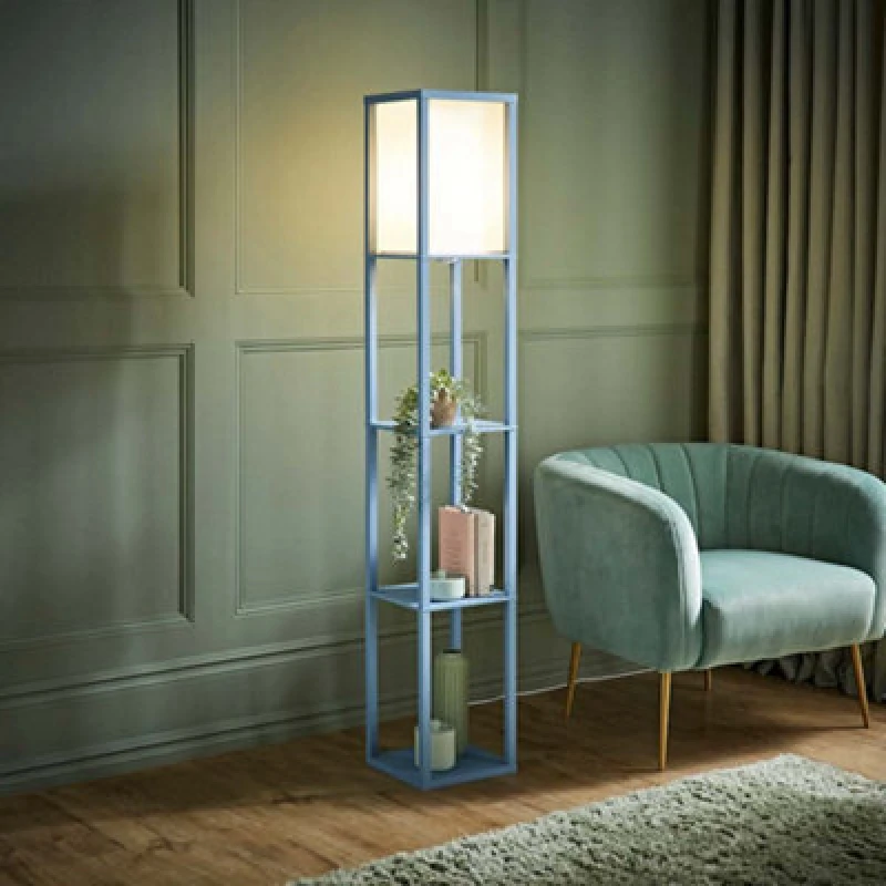 Image of ValueLights ValueLights Struttura Pastel Wooden Shelving Floor Lamp with Fabric Shade in Baby Blue Baby Blue One Size Unisex 5016529271437