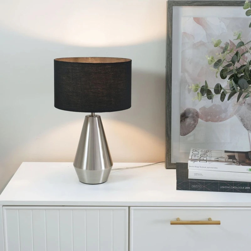 Image of ValueLights Jax Brushed Chrome Dimmable Touch Table Lamp with Fabric Drum Shade Black