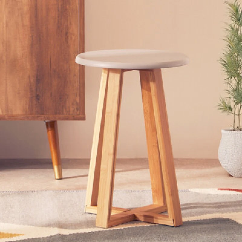 Image of Orsina Grey And Natural Bamboo Round Stool, Compact 30X30X43cm Design With Cross Halving Joint