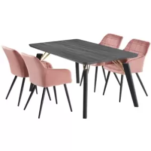 Image of 5 Pieces Life Interiors Camden Cosmo Dining Set - a Black Rectangular Dining Table and Set of 4 Pink Dining Chairs - Pink
