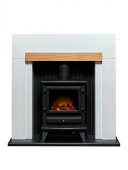 Image of Adam Fires & Fireplaces Adam Salzburg Stove Suite In Pure White & Oak With Hudson Electric Stove In Black