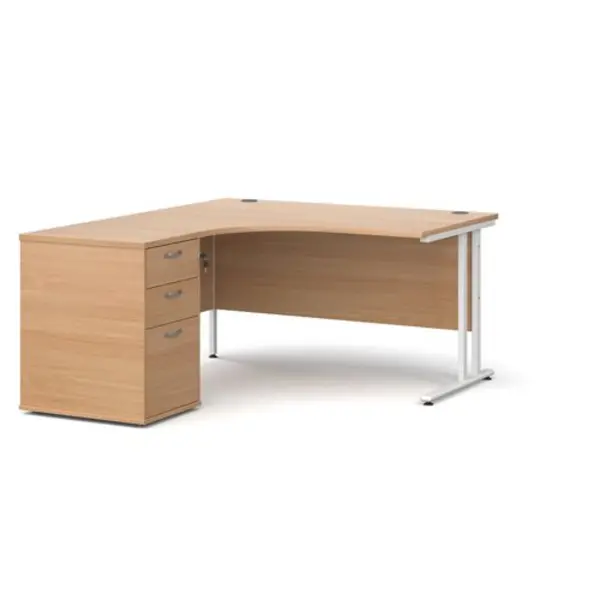 Image of Office Desk Left Hand Corner Desk 1400mm With Pedestal Beech Top With White Frame Maestro 25