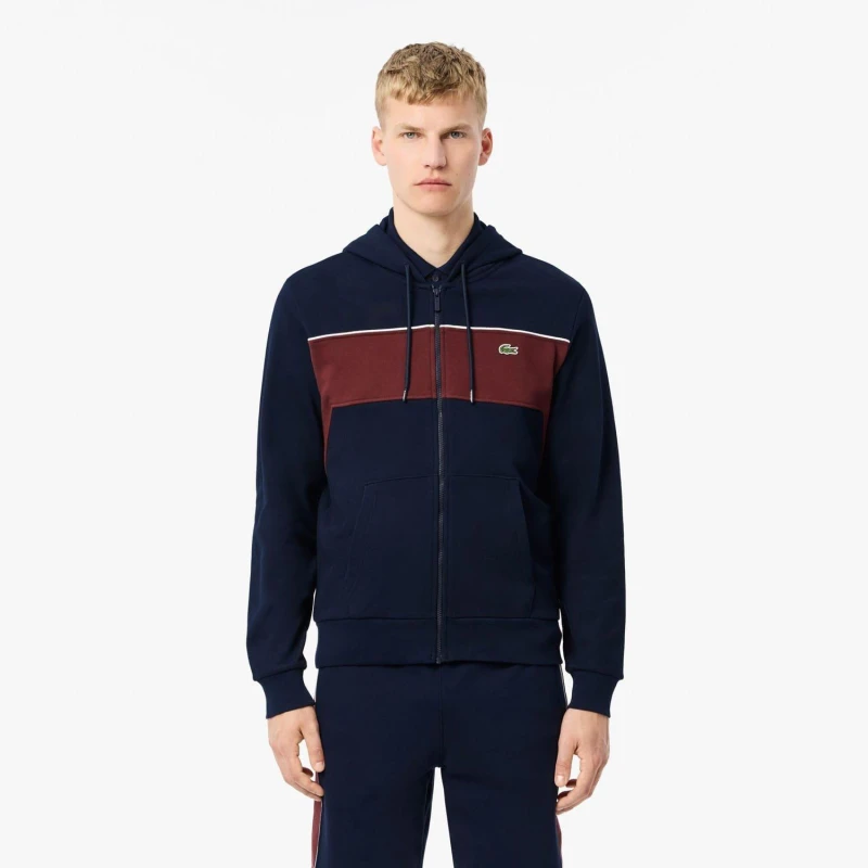 Image of Lacoste Zip-Up Colour-Block Hoodie Navy Red male XS