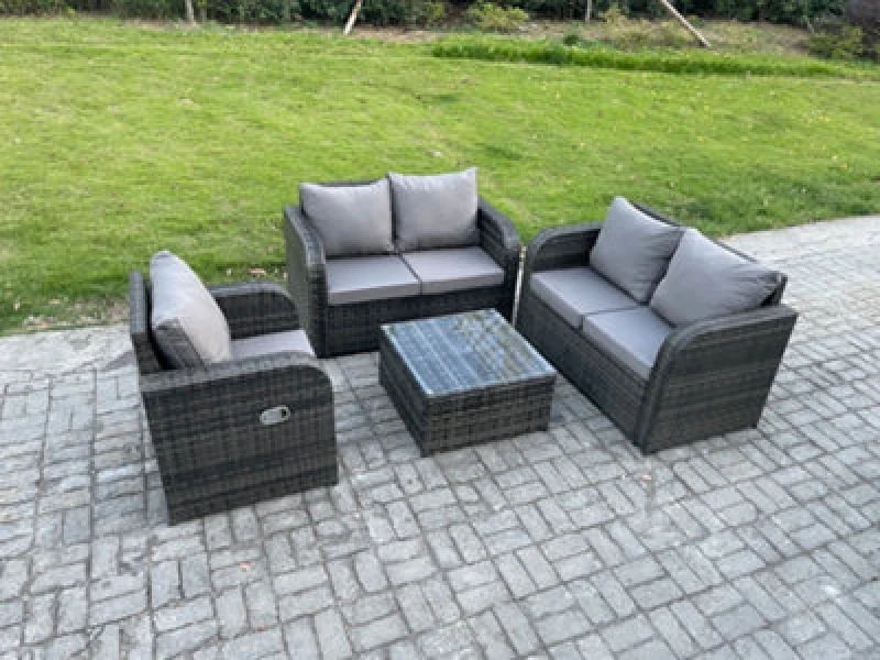 Image of Fimous 4 Piece Garden Furniture Sets 5 Seater Outdoor Patio Furniture Set Weaving Wicker Rattan Sofa Chair and Table with Cushion Dark Grey