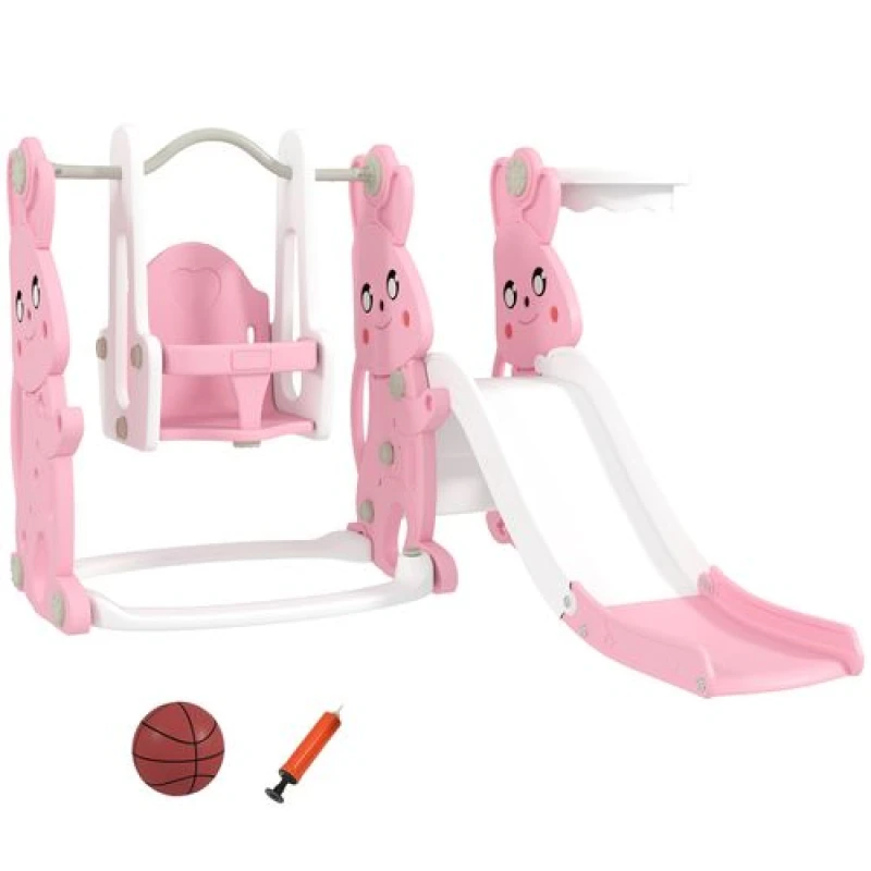 Image of AIYAPLAY 4 in 1 Kids Slide and Swing Set with Climber - Basketball Hoop - Pink TJ Hughes 5063603194878