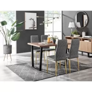 Image of Furniture Box Kylo Brown Wood Effect Dining Table and 4 Grey Velvet Milan Gold Leg Chairs