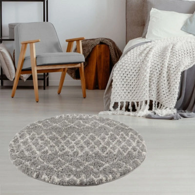 Image of THE RUGS Soft Tangier Shaggy Rugs & Runners Grey & Ivory Living Room Size: 120cm diameter Grey Unisex 120cm diameter