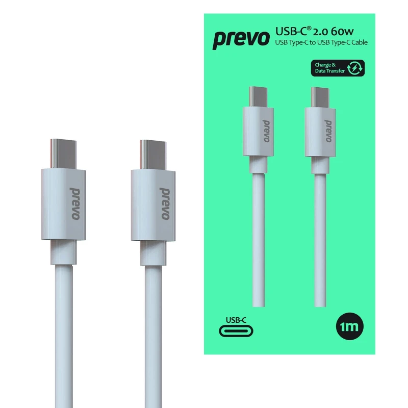 Image of PREVO PREVO USB 2.0 60W C to C PVC cable, 20V/3A, 480Mbps, Injection moulding + PVC, White, Superior Design & Perfornance, Retail Box Packaging USB ca
