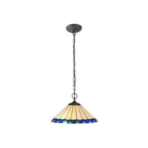 Image of 2 Light Downlighter Ceiling Pendant E27 With 40cm Tiffany Shade, Blue, Crystal, Aged Antique Brass