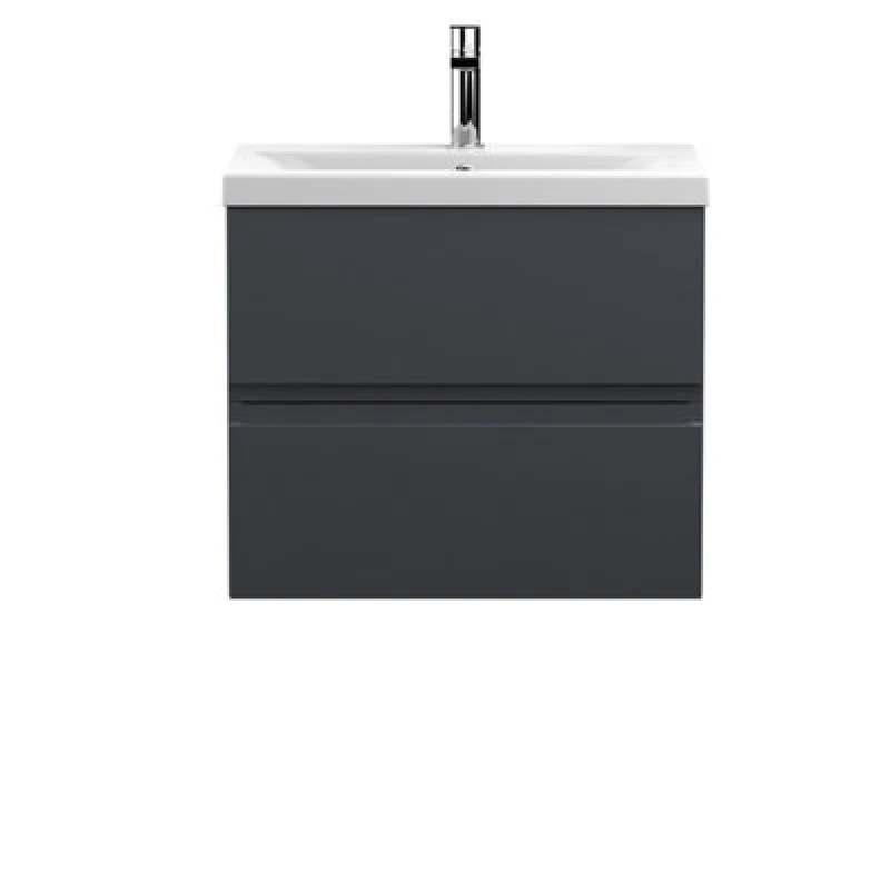 Image of Nuie Hudson Reed Urban Wall Hung 2 Drawer Vanity Unit With Mid-Edge Ceramic Basin, Modern Bathroom Furniture In Soft Black, 600mm