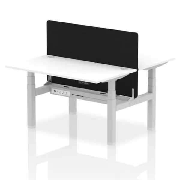 Image of Air Air Back-to-Back 1400 x 800mm Height Adjustable 2 Person Bench Desk White Top with Cable Ports Silver Frame with Black Straight Screen HASCP2P148