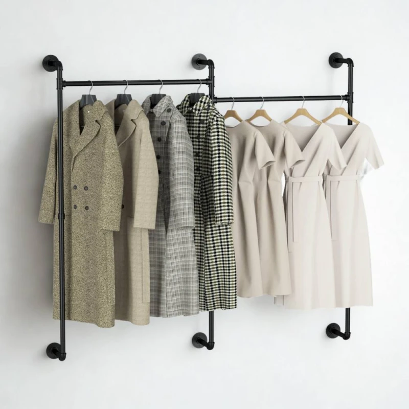 Image of FURNOS Industrial Wall-Mounted Tube Clothes Hanging Rail in Black Unisex