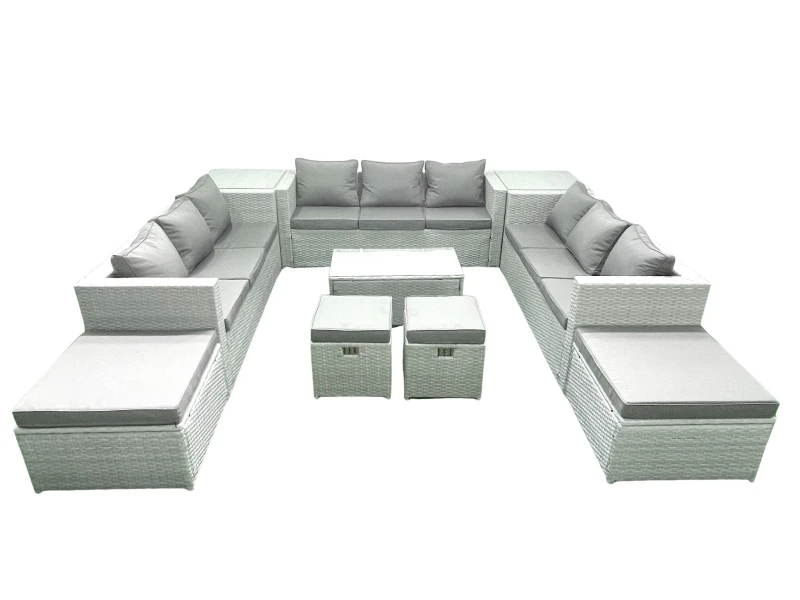 Image of Fimous 10 Pieces Rattan Garden Furniture Set Outdoor Garden Sofa Coffee Table Set with 2 Side Tables 4 Footstools Light Grey Mixed Light Grey