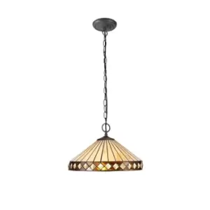 Image of 2 Light Downlighter Ceiling Pendant E27 With 40cm Tiffany Shade, Amber, Crystal, Aged Antique Brass