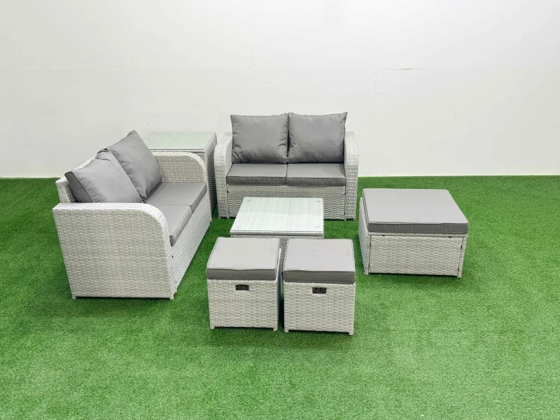Image of Fimous 7 Seater Outdoor Love Sofa Set Rattan Garden Furniture Set with Square Coffee Table 3 Footstool Side Table Light Grey Light Grey