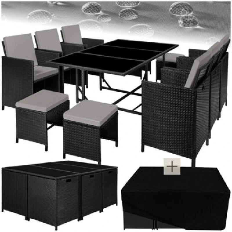 Image of Tectake Garden Table And Chairs Malaga - 10 Seats With Cushions, Dining Table, Rain Cover - Black/grey