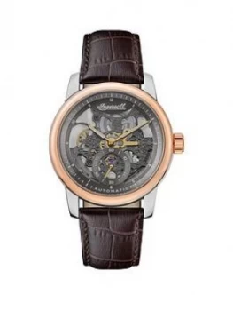 Image of Ingersoll Ingersoll The Baldwin Silver And Rose Gold Detail Skeleton Dial Brown Leather Strap Watch
