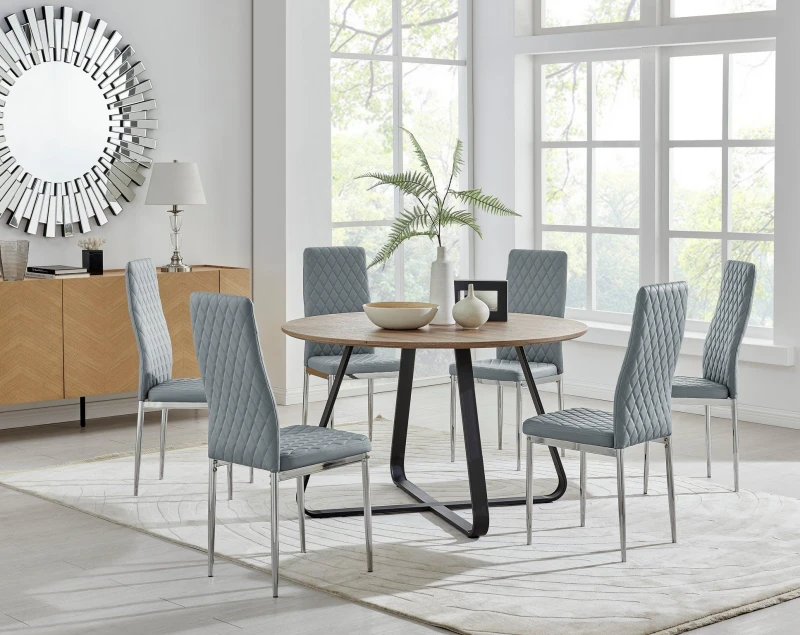 Image of FurnitureboxUK FurnitureboxUK Santorini Brown Wood Effect Dining Table & 6 Milan Chrome Leg Chairs in Grey Grey One Size Unisex 5056657124076