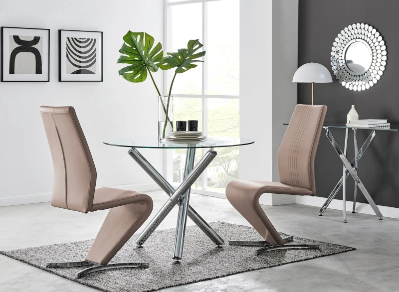 Image of FurnitureboxUK FurnitureboxUK Selina Round Glass And Chrome Metal Dining Table And Luxury Willow Chairs Set in Beige Size: 2 Person Beige 2 Person U