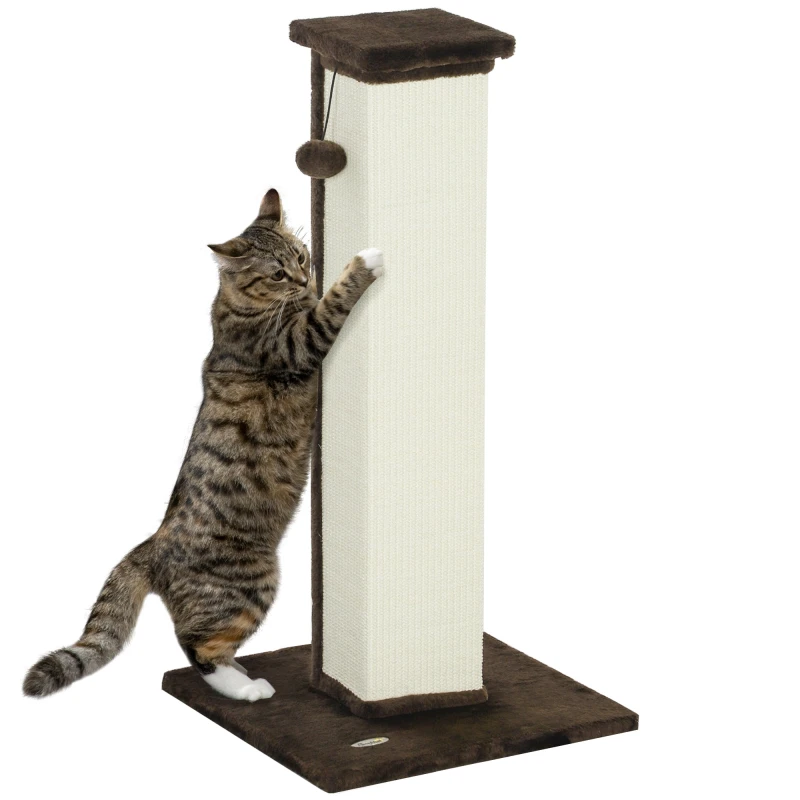 Image of PawHut Cat Scratching Post 81cm Cat Scratcher w/ Hanging Ball, Soft Plush Brown