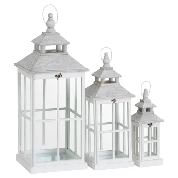 Image of Hill Set Of 3 White Window Style Lanterns With Open Top HI-19494