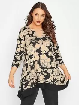 Image of Yours Notch Neck Hanky Hem Tee Big Floral Back, Black, Size 34-36, Women