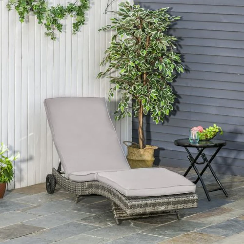 Image of Outsunny Outdoor Reclining Lounge Chair, PE Wicker, Rolling Wheels, Grey 862-030V70GY