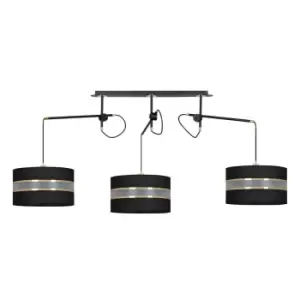Image of Korno Black Pendant Ceiling Light with Black, Gold Fabric Shades, 3x E27