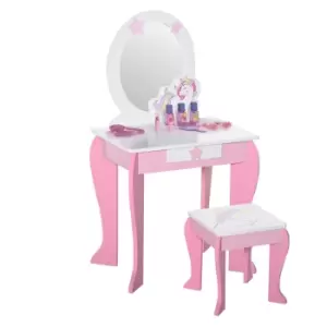 Image of HOMCOM Girls Dressing Table with Mirror and Stool, Kids Dressing Table, Unicorn Pretend Play Toy for Toddles Girls Age 3-6 Years, Acrylic Mirror, Pink