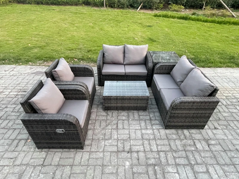 Image of Fimous Rattan Garden Furniture Set 6 Seater Patio Outdoor Lounge Sofa Set with 2 Reclining Chairs Rectangular Coffee Table Side Table Dark Grey