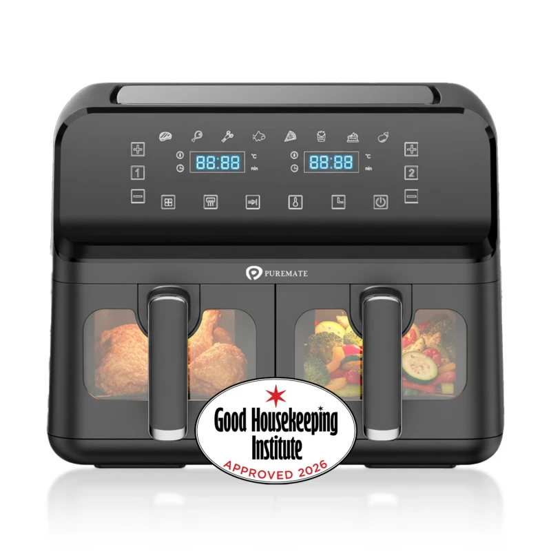 Image of PureMate 9L Dual Air Fryer w/ Digital Display, Healthy Oil Free 2500W Air Fryer w/ 8 Preset, LED One Touch Screen, Timer & Adjustable Temperature Blac