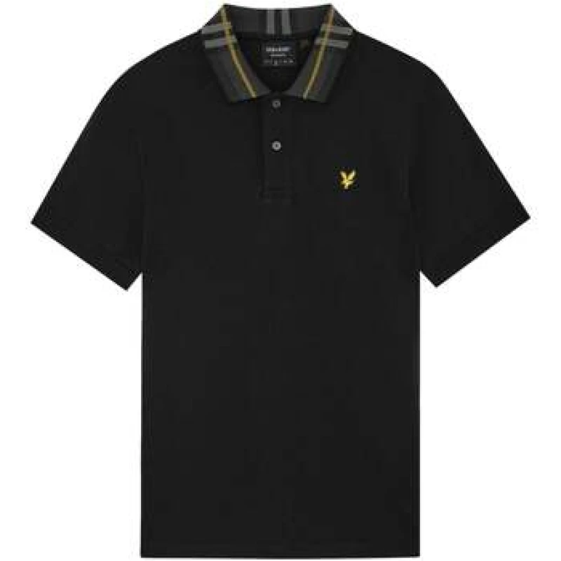 Image of Lyle & Scott Tartan Collar Polo Shirt Jet Black mens Polo shirt in Black