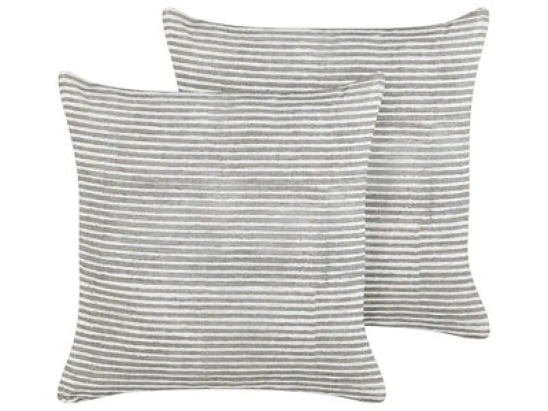Image of Beliani Set Of 2 Decorative Cushions Kanpas Linen 50 X 50 Cm Grey Striped