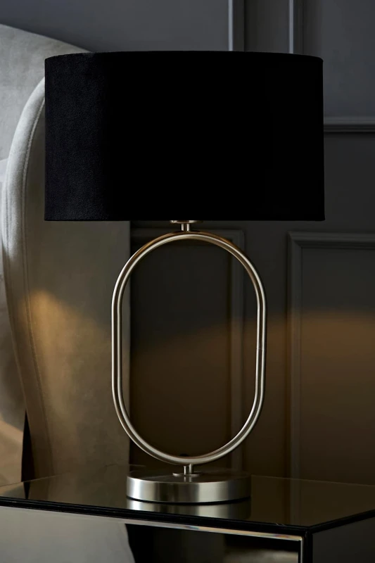 Image of ValueLights ValueLights Antonia Black Velvet Drum Lamp Shade Brushed Chrome Oval Table Lamp in Silver Silver One Size Unisex 5059406064753