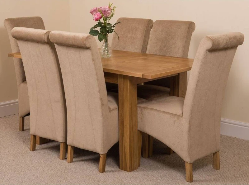 Image of Thats Furniture Hampton 120-160cm Oak Extending Dining Table & 6 Montana Fabric Chairs in Beige Beige Unisex