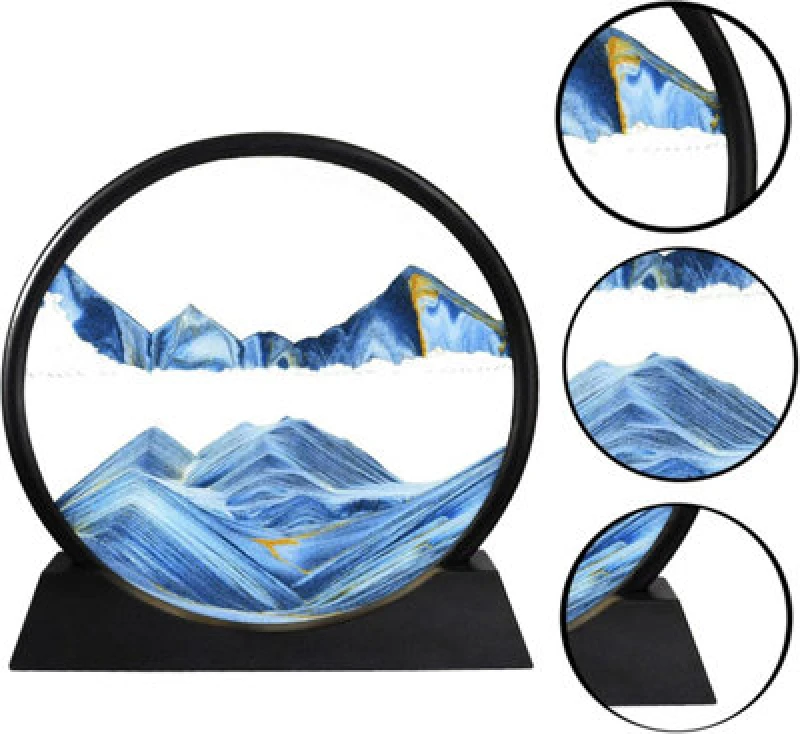 Image of Dyzi Black Dynamic Rotating 3D Sand Art Frame Blue Landscape Desk & Office Decor