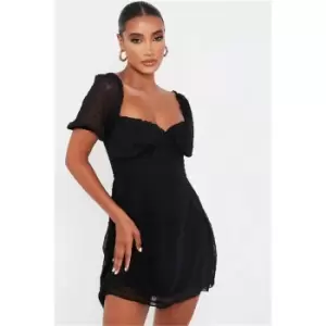 Image of I Saw It First Black Short Puff Sleeve Dobby Mesh Skater Dress - Black
