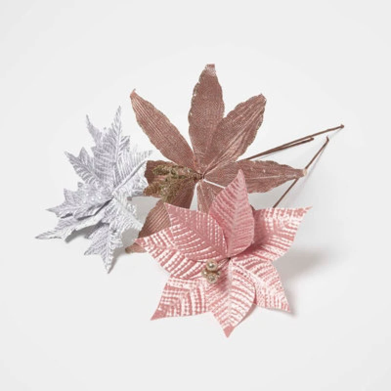 Image of Homescapes Artificial Set of 3 Pink Poinsettia Single Stem Decorations Pink